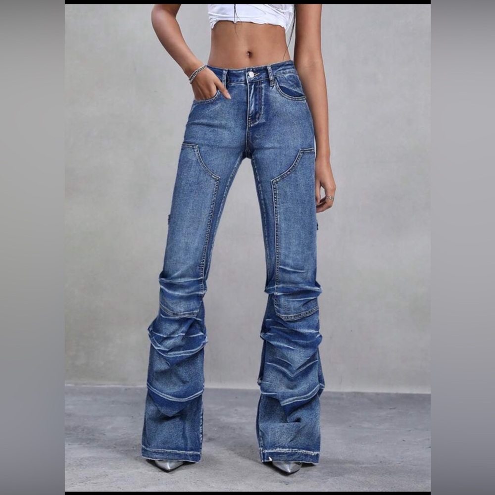 Jeanoix Casual Distressed Ruched Slim Fit Flare Leg Jeans Skinny Bootcut Jeans